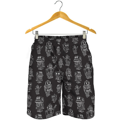 Black And White Robot Pattern Print Men's Shorts