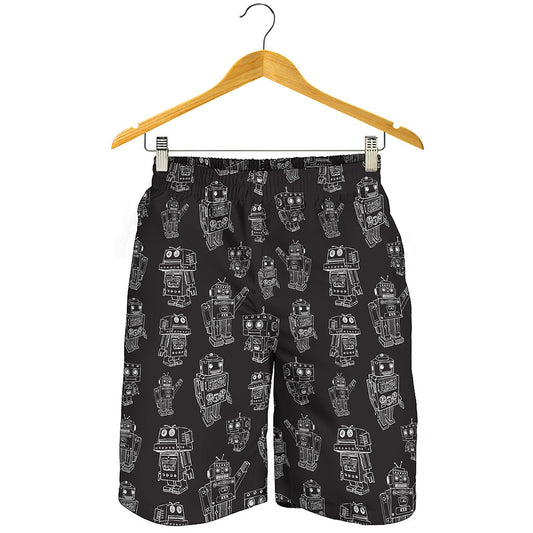 Black And White Robot Pattern Print Men's Shorts
