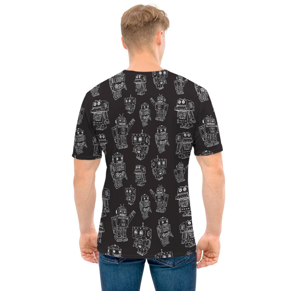 Black And White Robot Pattern Print Men's T-Shirt