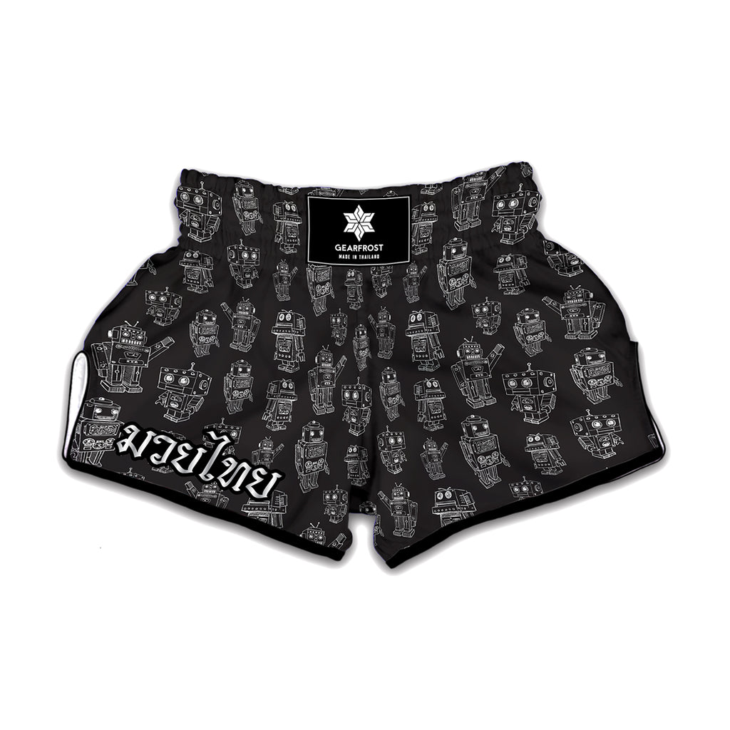 Black And White Robot Pattern Print Muay Thai Boxing Shorts