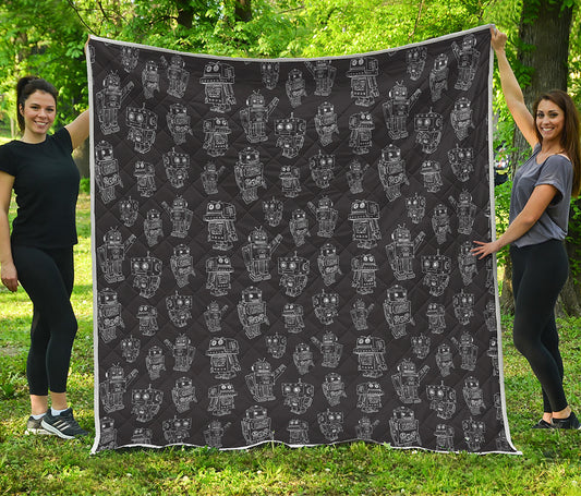 Black And White Robot Pattern Print Quilt