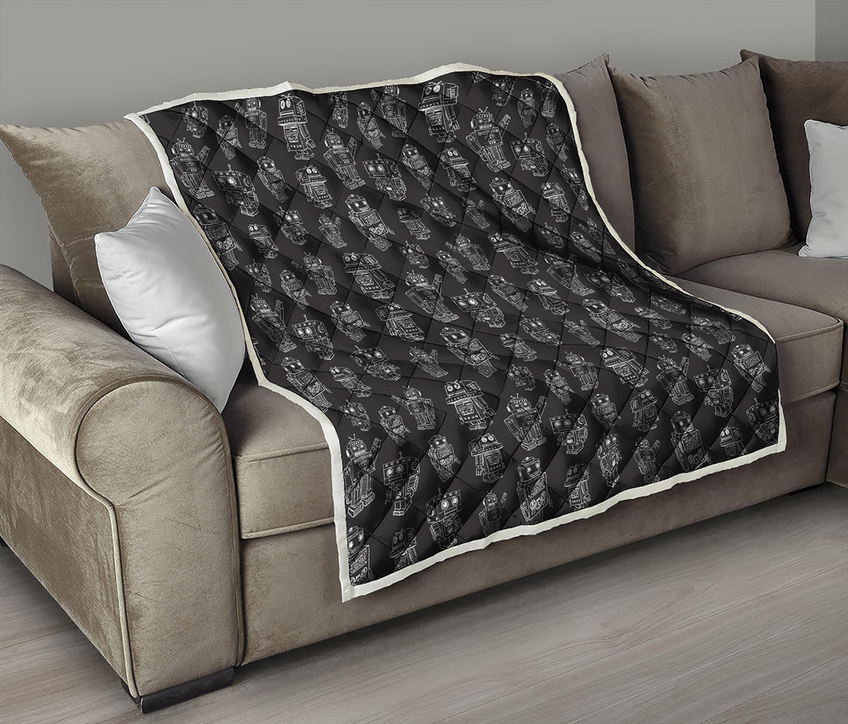 Black And White Robot Pattern Print Quilt