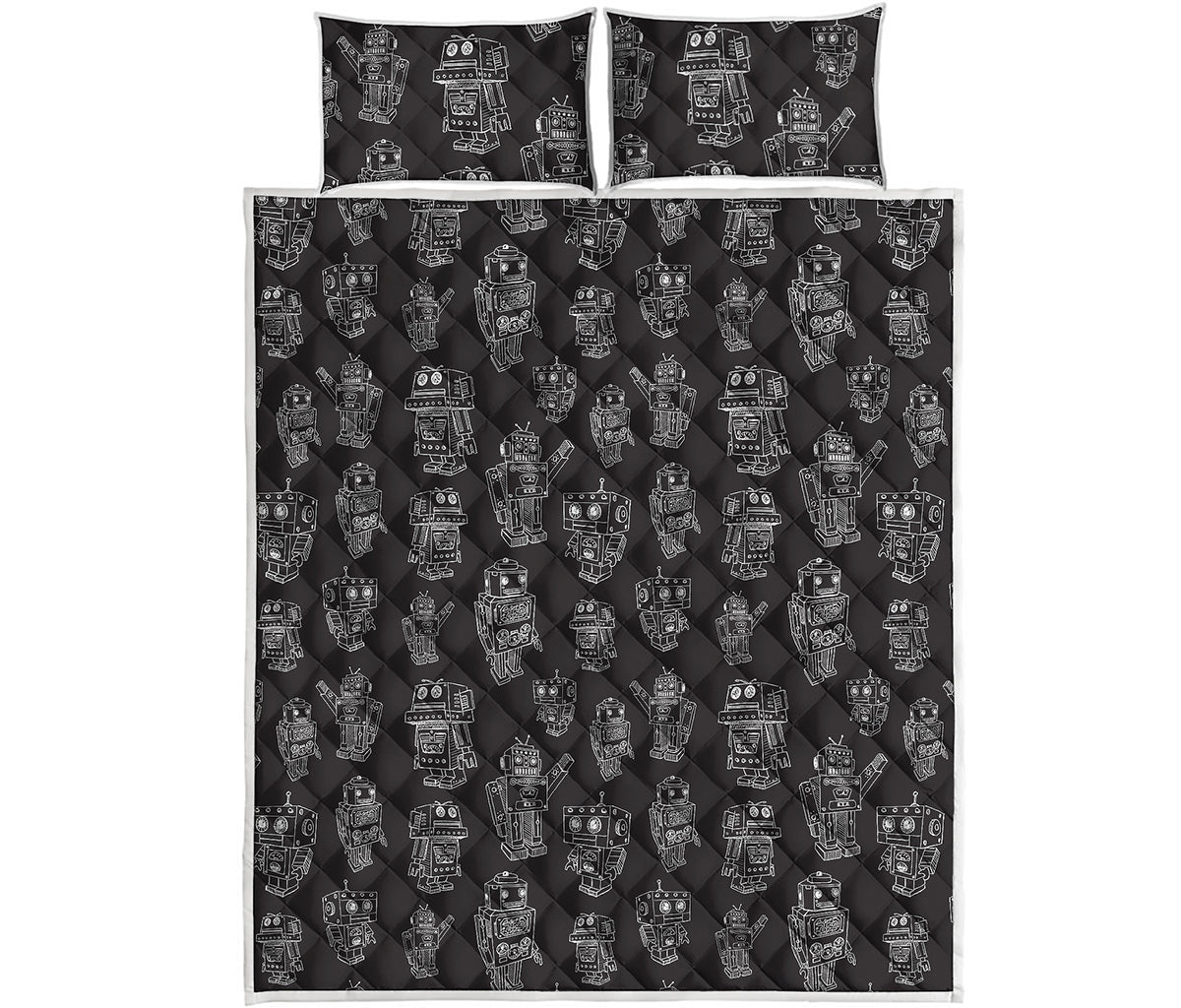 Black And White Robot Pattern Print Quilt Bed Set