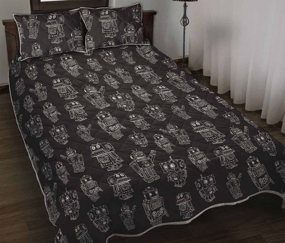 Black And White Robot Pattern Print Quilt Bed Set