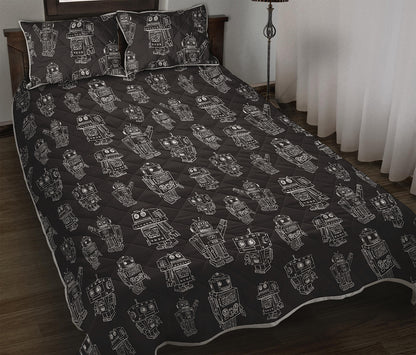 Black And White Robot Pattern Print Quilt Bed Set