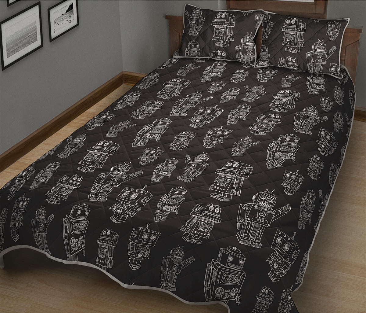 Black And White Robot Pattern Print Quilt Bed Set