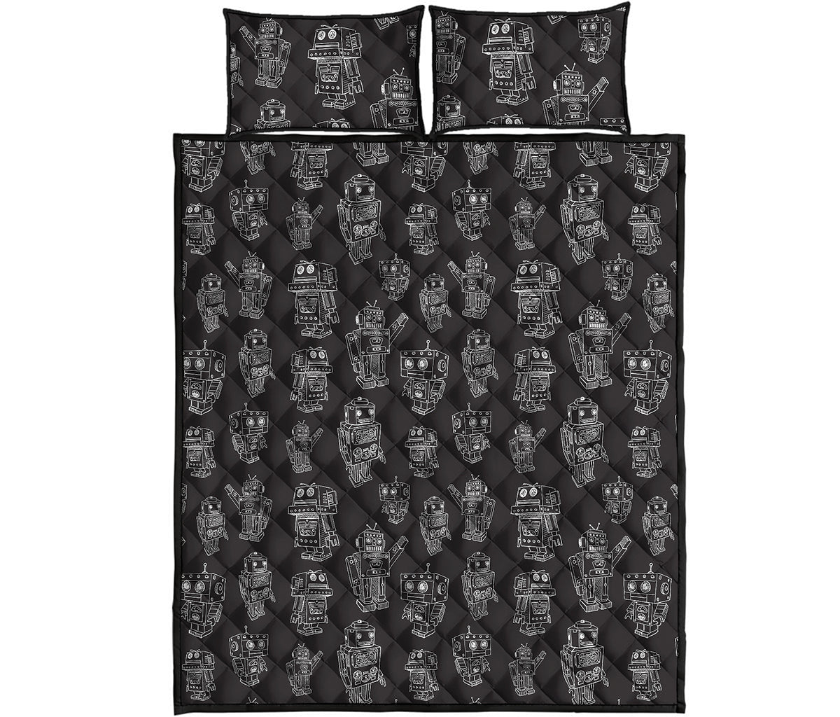 Black And White Robot Pattern Print Quilt Bed Set