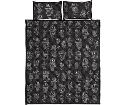 Black And White Robot Pattern Print Quilt Bed Set