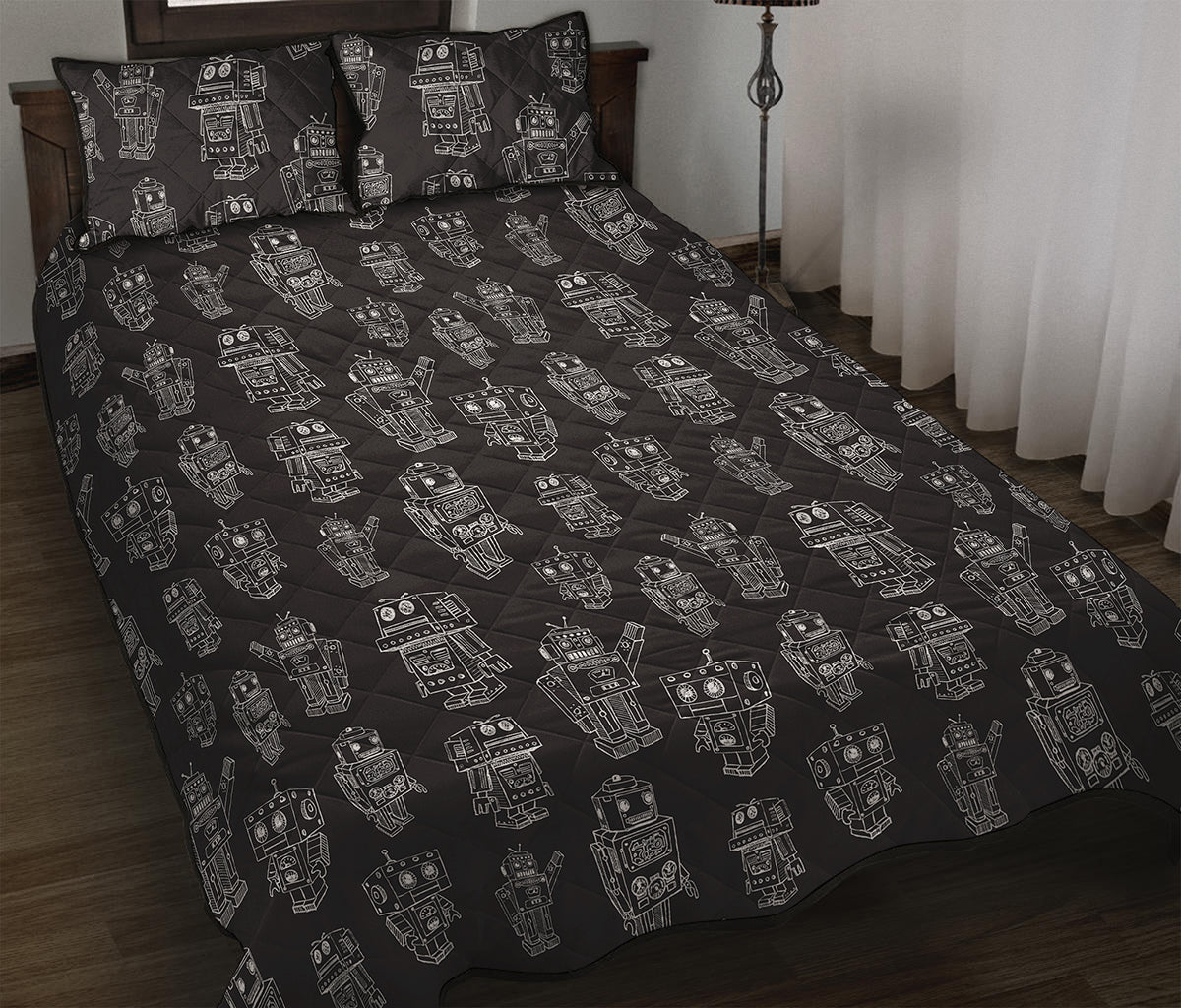 Black And White Robot Pattern Print Quilt Bed Set