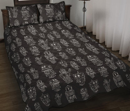 Black And White Robot Pattern Print Quilt Bed Set