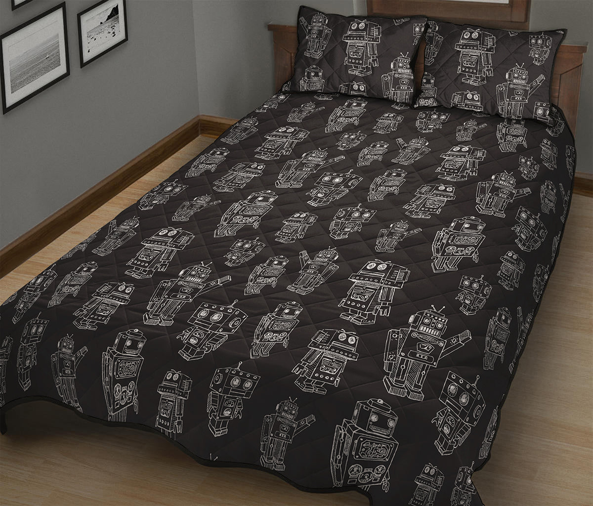 Black And White Robot Pattern Print Quilt Bed Set