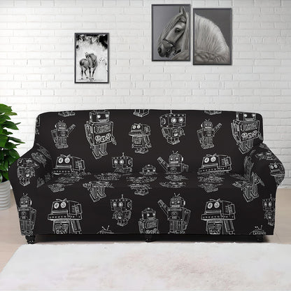 Black And White Robot Pattern Print Sofa Cover