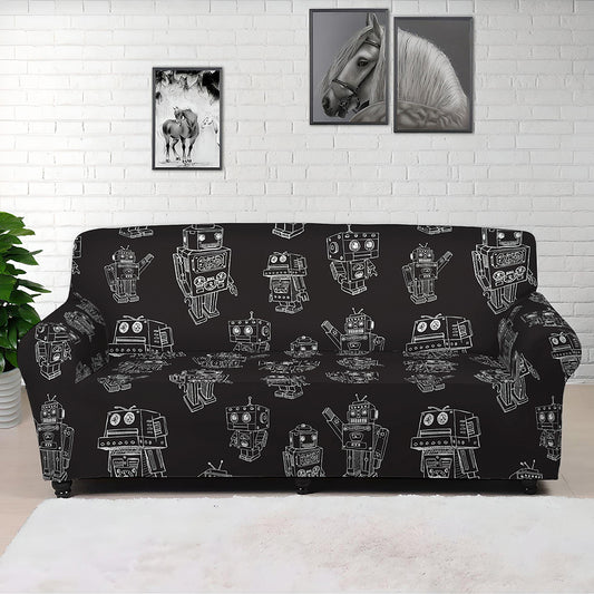 Black And White Robot Pattern Print Sofa Cover