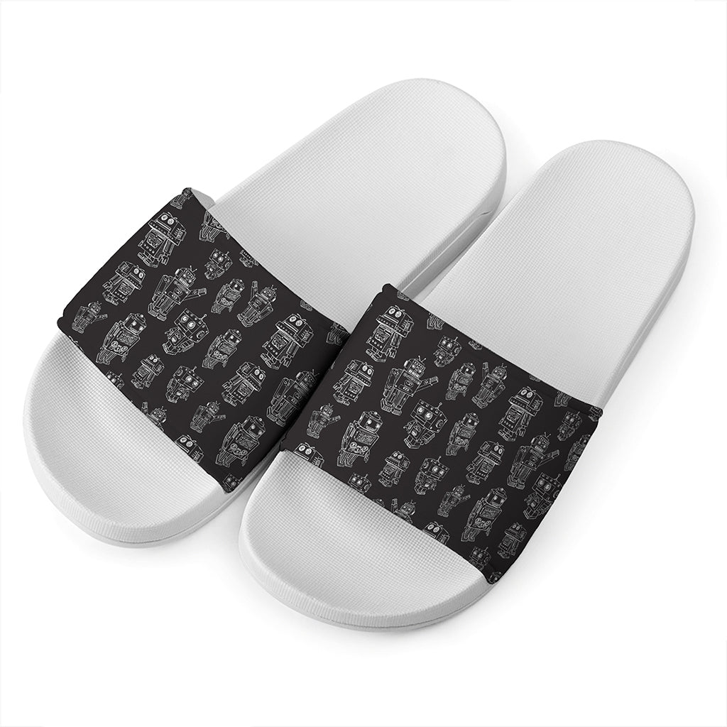 Black And White Robot Pattern Print White Slide Sandals