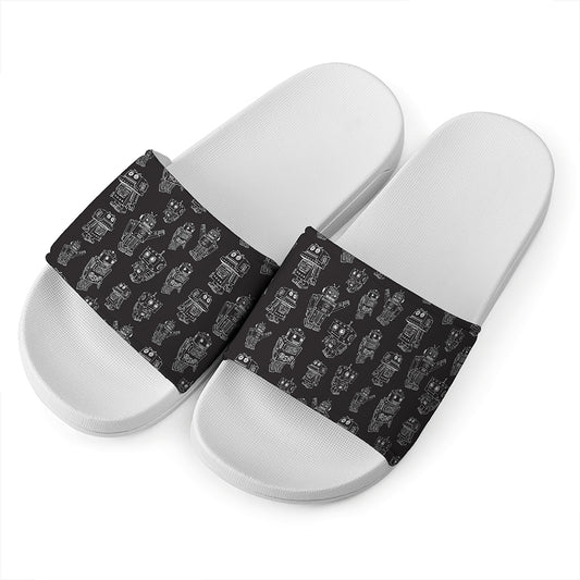 Black And White Robot Pattern Print White Slide Sandals