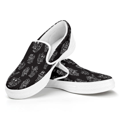 Black And White Robot Pattern Print White Slip On Shoes