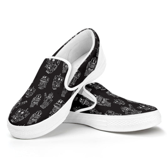 Black And White Robot Pattern Print White Slip On Shoes