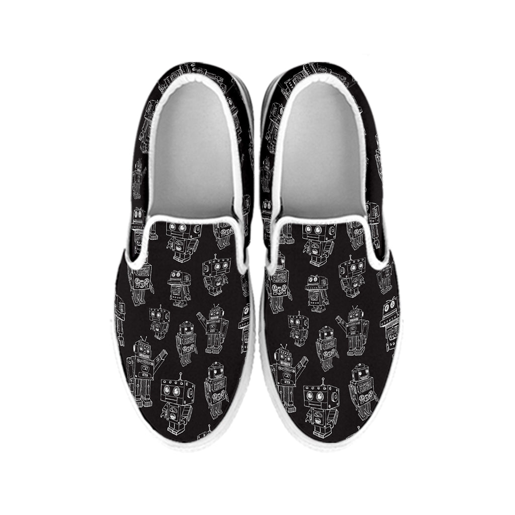 Black And White Robot Pattern Print White Slip On Shoes