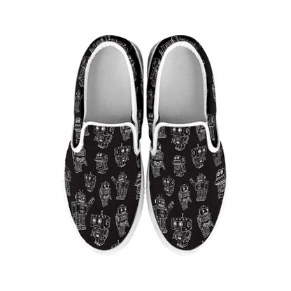 Black And White Robot Pattern Print White Slip On Shoes