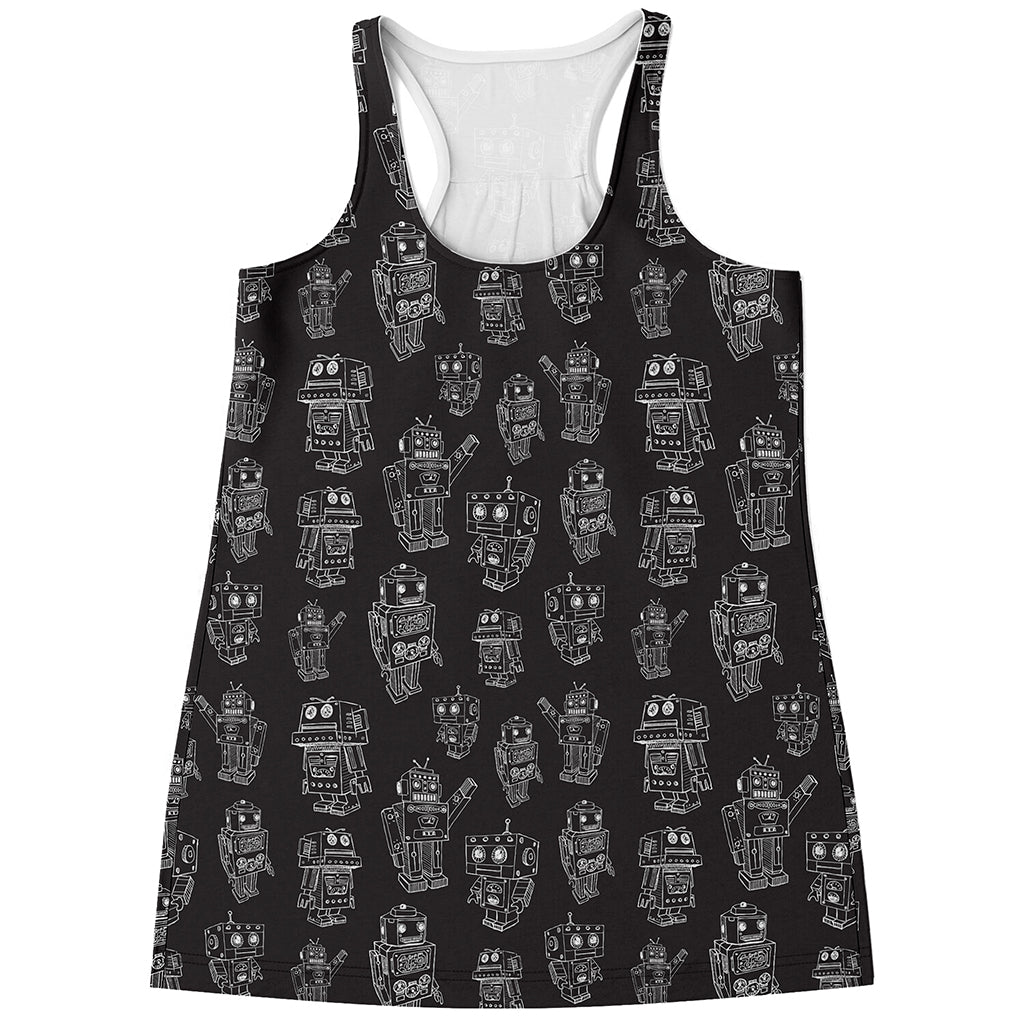 Black And White Robot Pattern Print Women's Racerback Tank Top