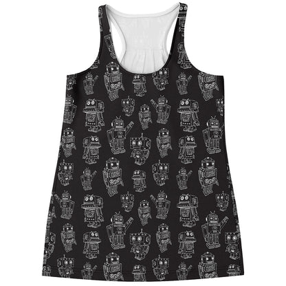 Black And White Robot Pattern Print Women's Racerback Tank Top