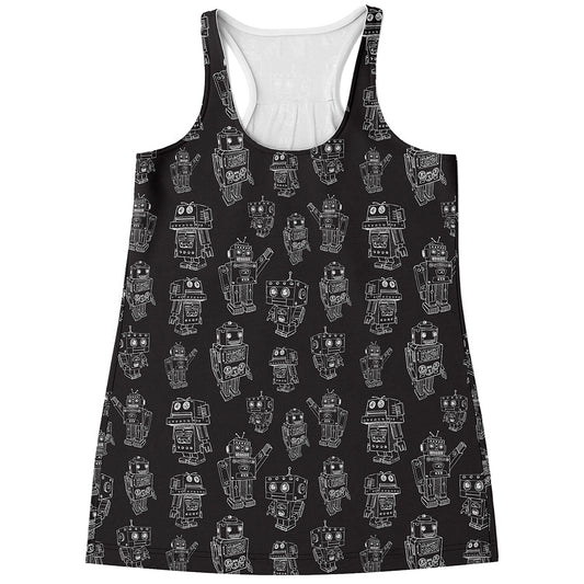 Black And White Robot Pattern Print Women's Racerback Tank Top