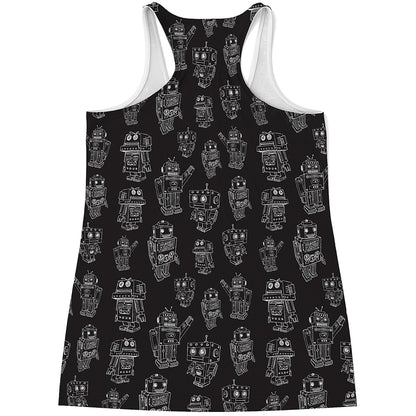 Black And White Robot Pattern Print Women's Racerback Tank Top