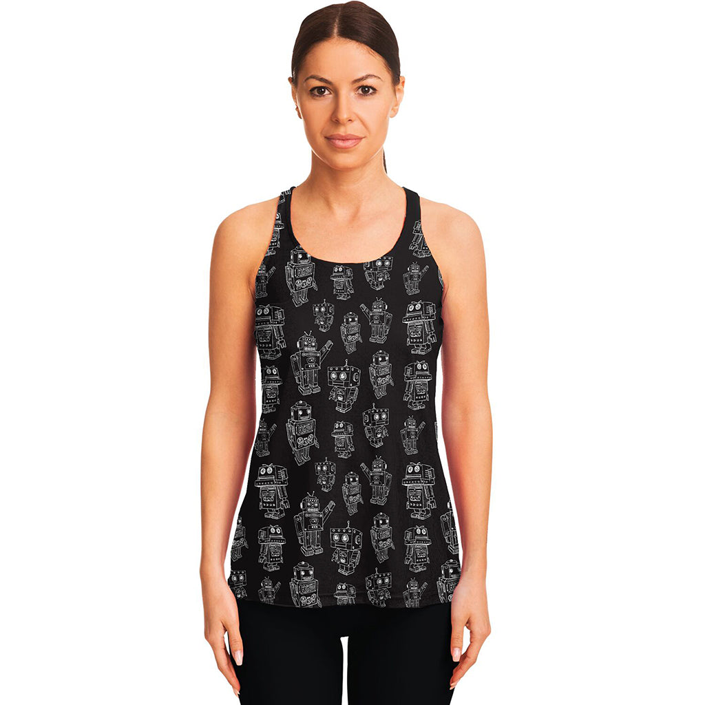 Black And White Robot Pattern Print Women's Racerback Tank Top