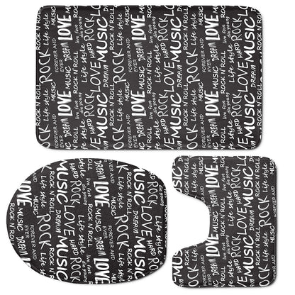 Black And White Rock And Roll Print 3 Piece Bath Mat Set