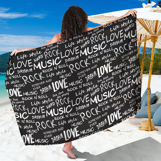 Black And White Rock And Roll Print Beach Sarong Wrap