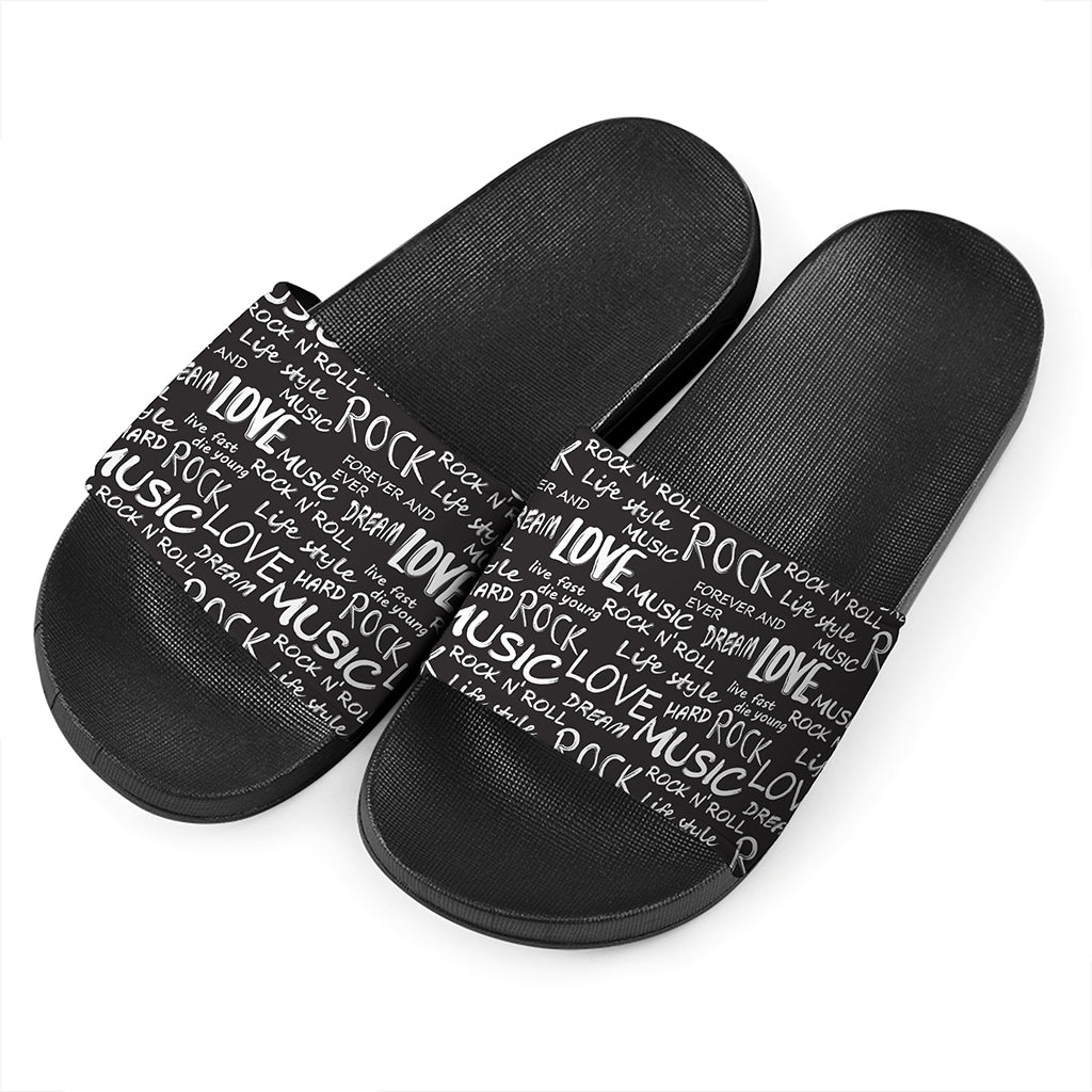 Black And White Rock And Roll Print Black Slide Sandals