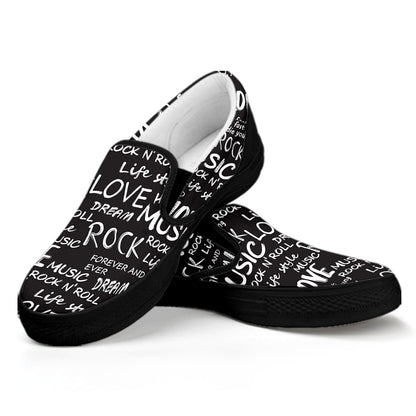 Black And White Rock And Roll Print Black Slip On Shoes