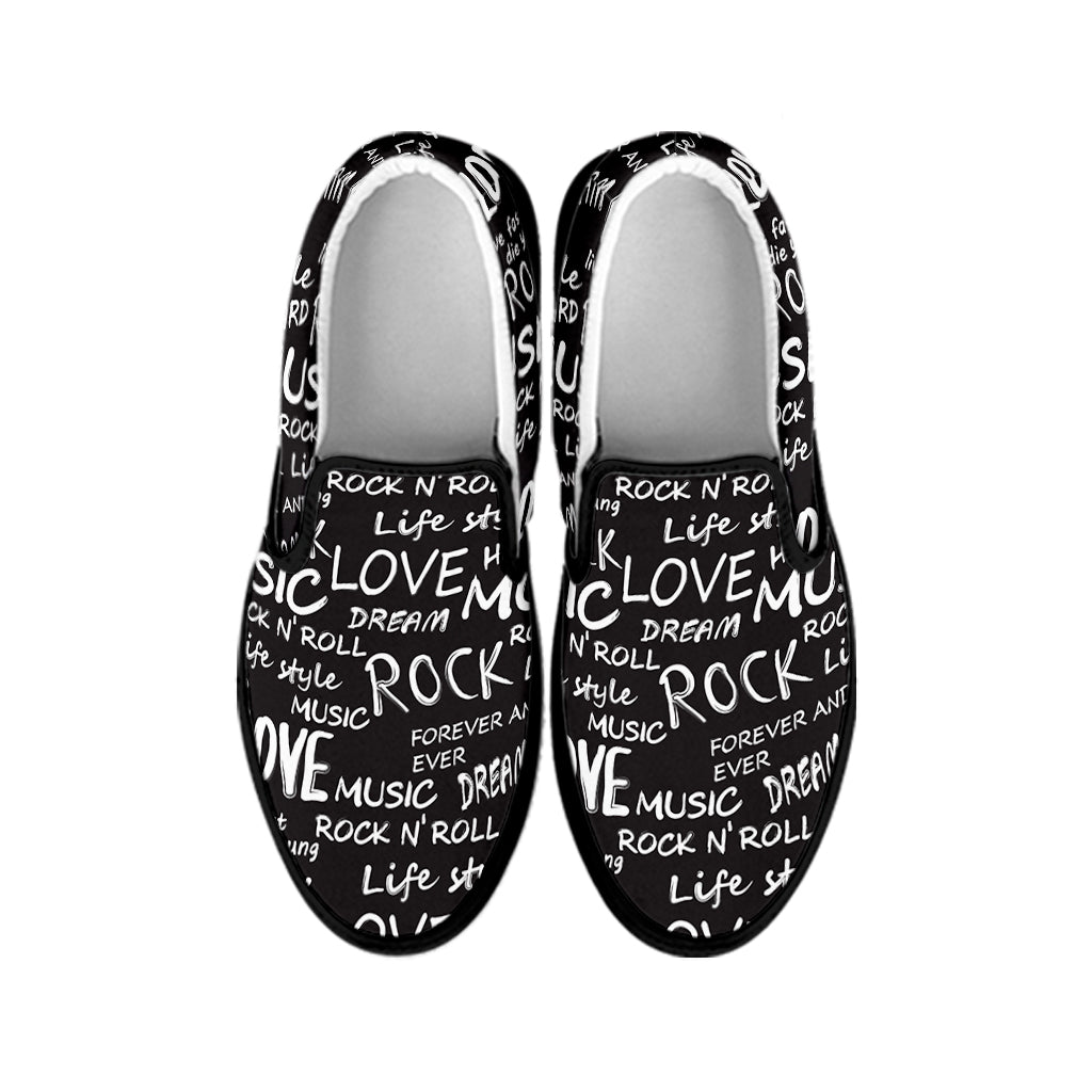 Black And White Rock And Roll Print Black Slip On Shoes
