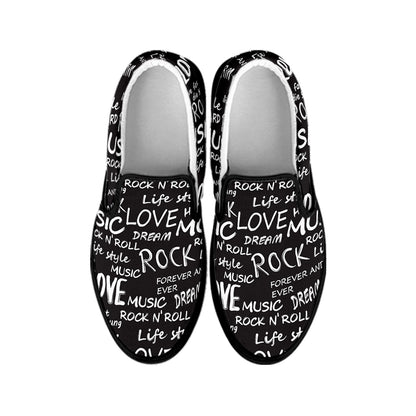 Black And White Rock And Roll Print Black Slip On Shoes