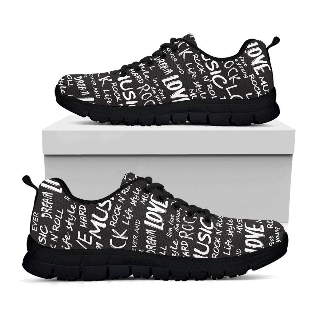 Black And White Rock And Roll Print Black Sneakers