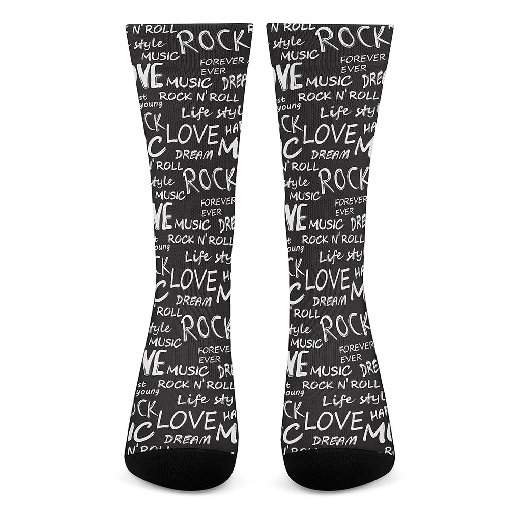 Black And White Rock And Roll Print Crew Socks