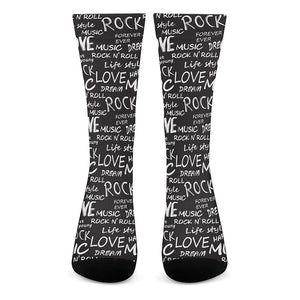 Black And White Rock And Roll Print Crew Socks