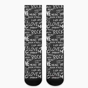 Black And White Rock And Roll Print Crew Socks