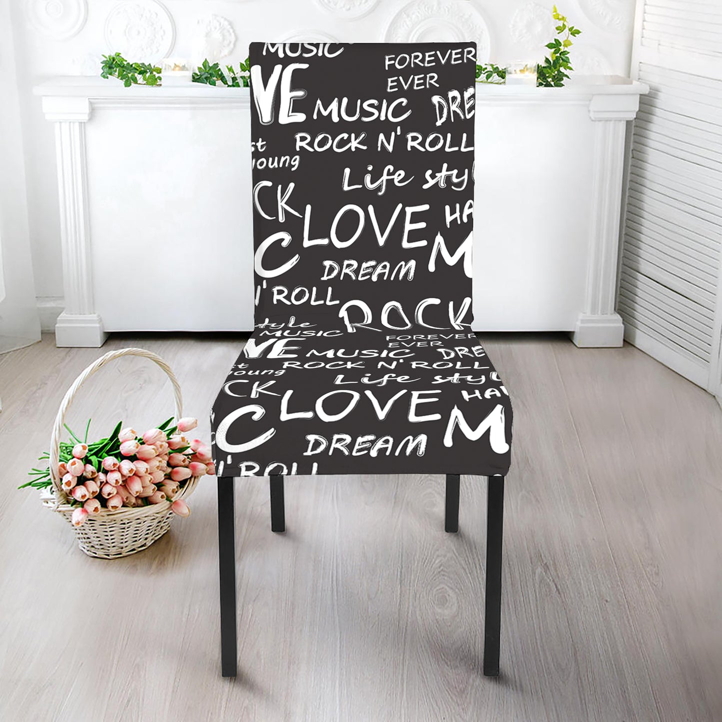 Black And White Rock And Roll Print Dining Chair Slipcover