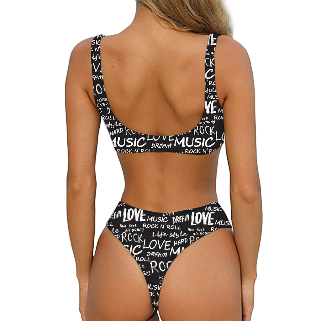 Black And White Rock And Roll Print Front Bow Tie Bikini