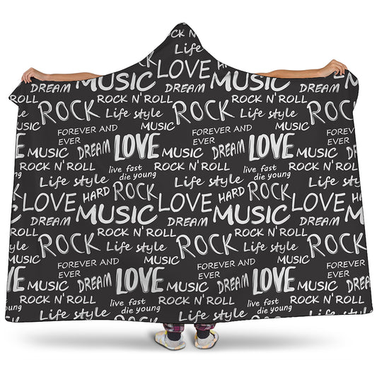 Black And White Rock And Roll Print Hooded Blanket