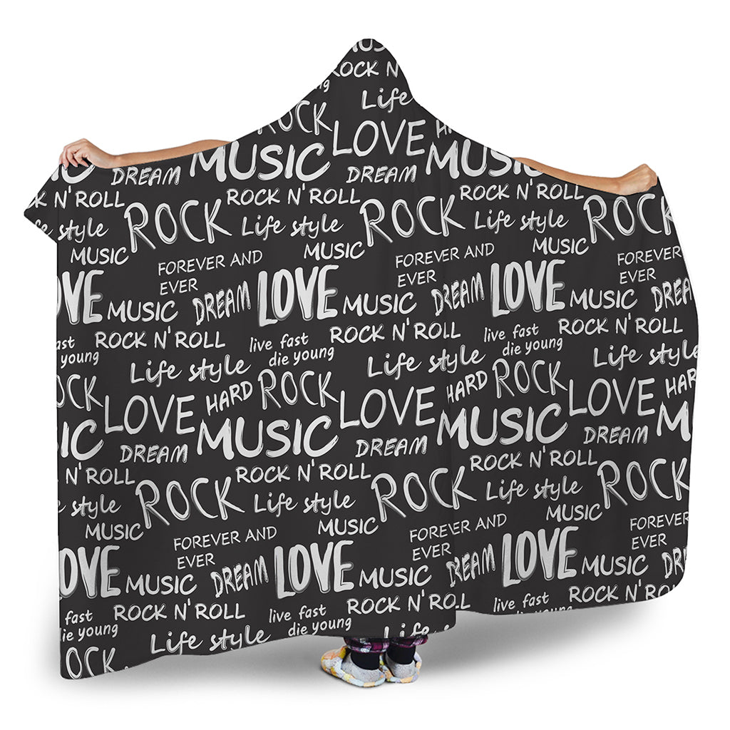 Black And White Rock And Roll Print Hooded Blanket