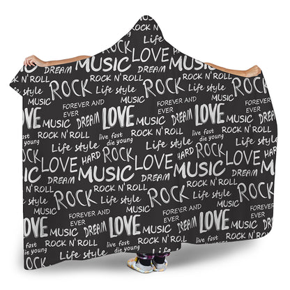 Black And White Rock And Roll Print Hooded Blanket