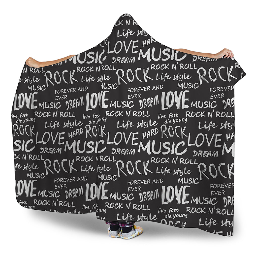 Black And White Rock And Roll Print Hooded Blanket