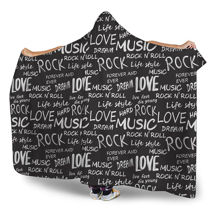 Black And White Rock And Roll Print Hooded Blanket