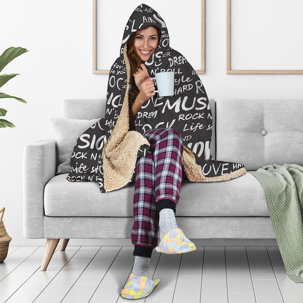 Black And White Rock And Roll Print Hooded Blanket