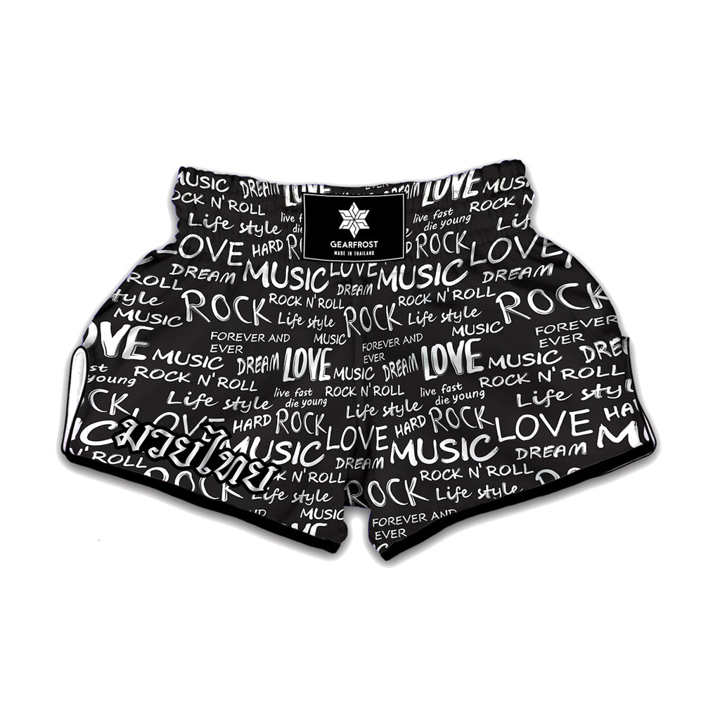 Black And White Rock And Roll Print Muay Thai Boxing Shorts