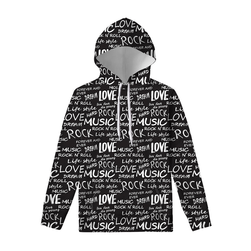 Black And White Rock And Roll Print Pullover Hoodie