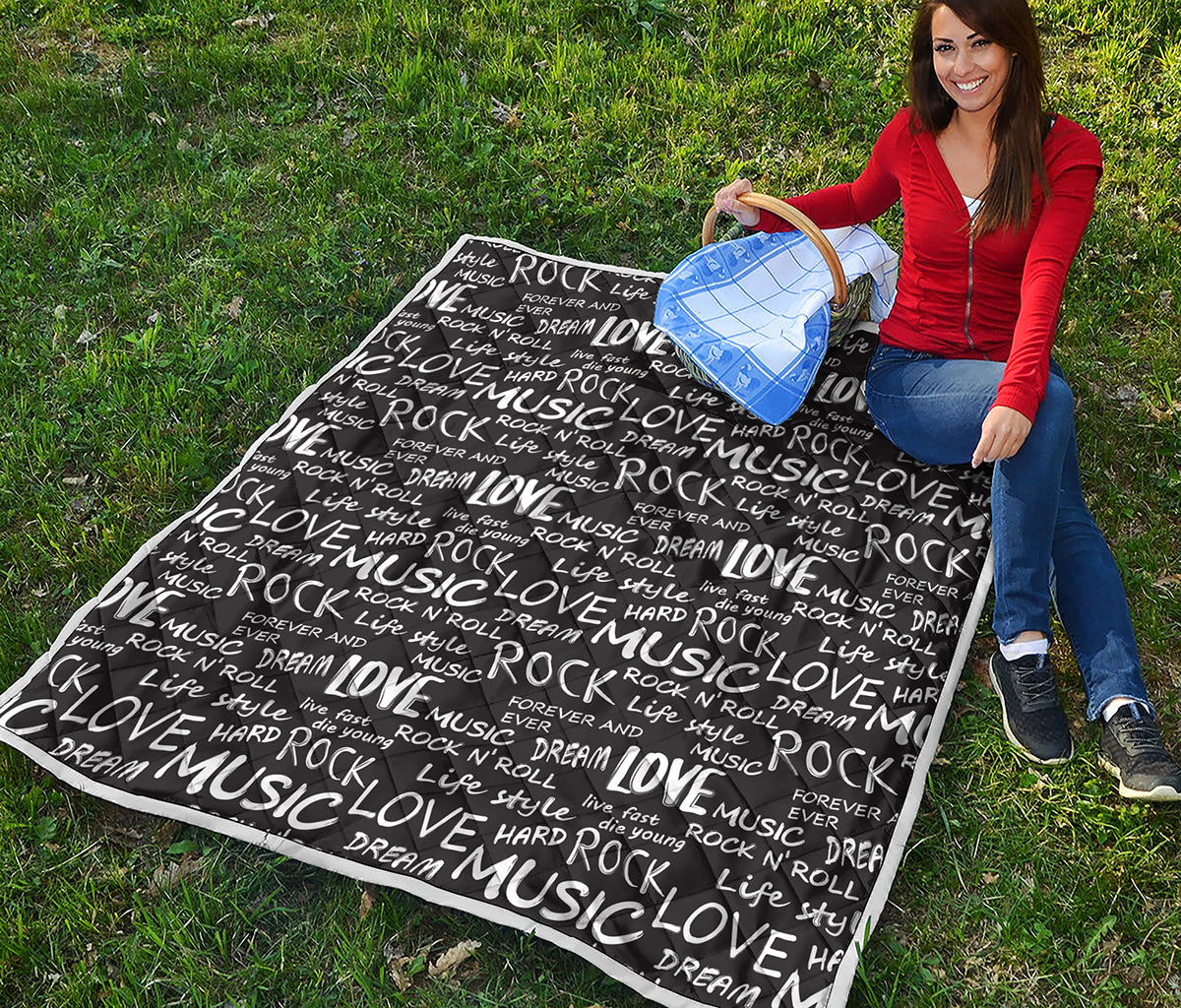 Black And White Rock And Roll Print Quilt