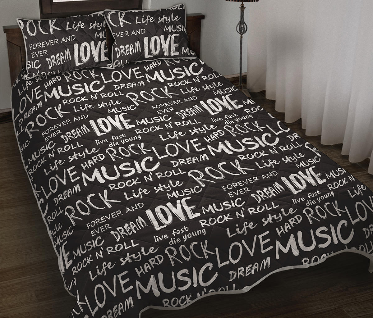 Black And White Rock And Roll Print Quilt Bed Set